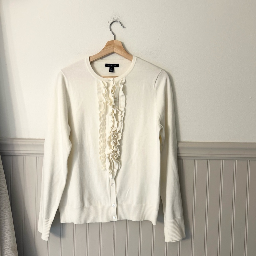 Lands' End Medium Ivory Ruffled-Front Button Cardigan